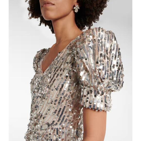 ROTATE Birger Christensen Sierina Silver Sequin Midi Dress Puff Sleeve Party Sm - Picture 4 of 16